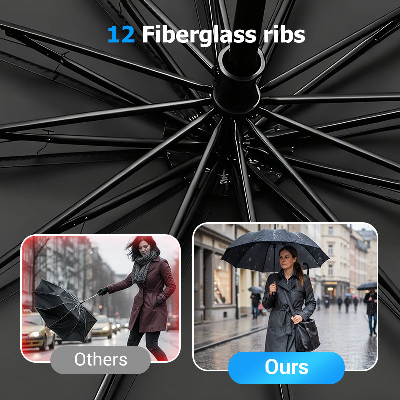 Large folding umbrella with 12 windproof ribs